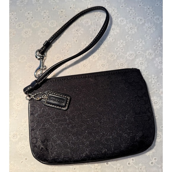 Coach Handbags - Coach Black Signature Jacquard Shimmer Wristlet Silver Hardware Leather Trim